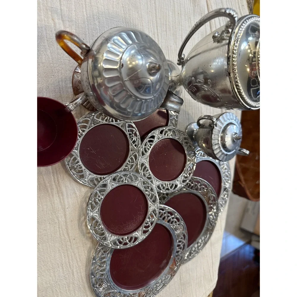 Vintage Silver Tone Tea Coffee Set Burgundy Red Plates Plastic Kids play set